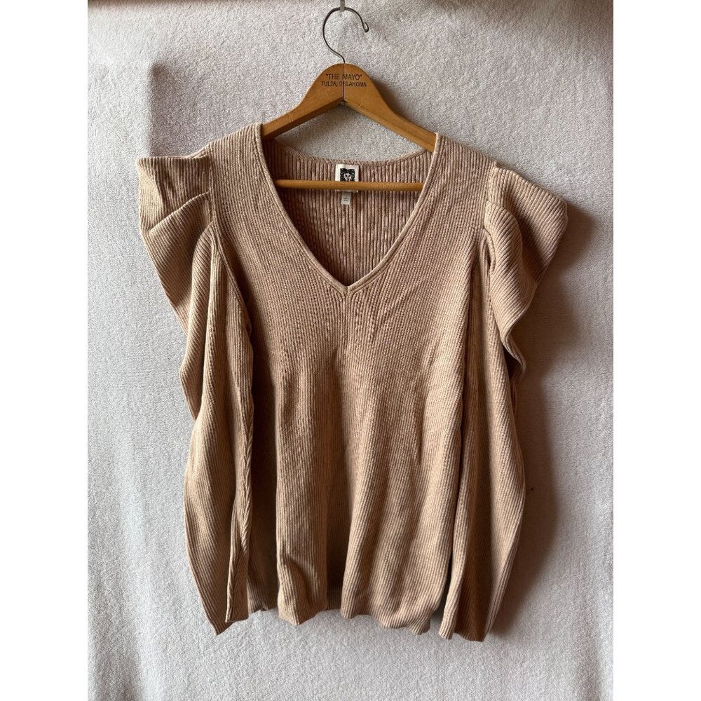 Anne Klein Ribbed Tan V-Neck Sweater Ruffled Pointy Shoulders Long Sleeve Size L